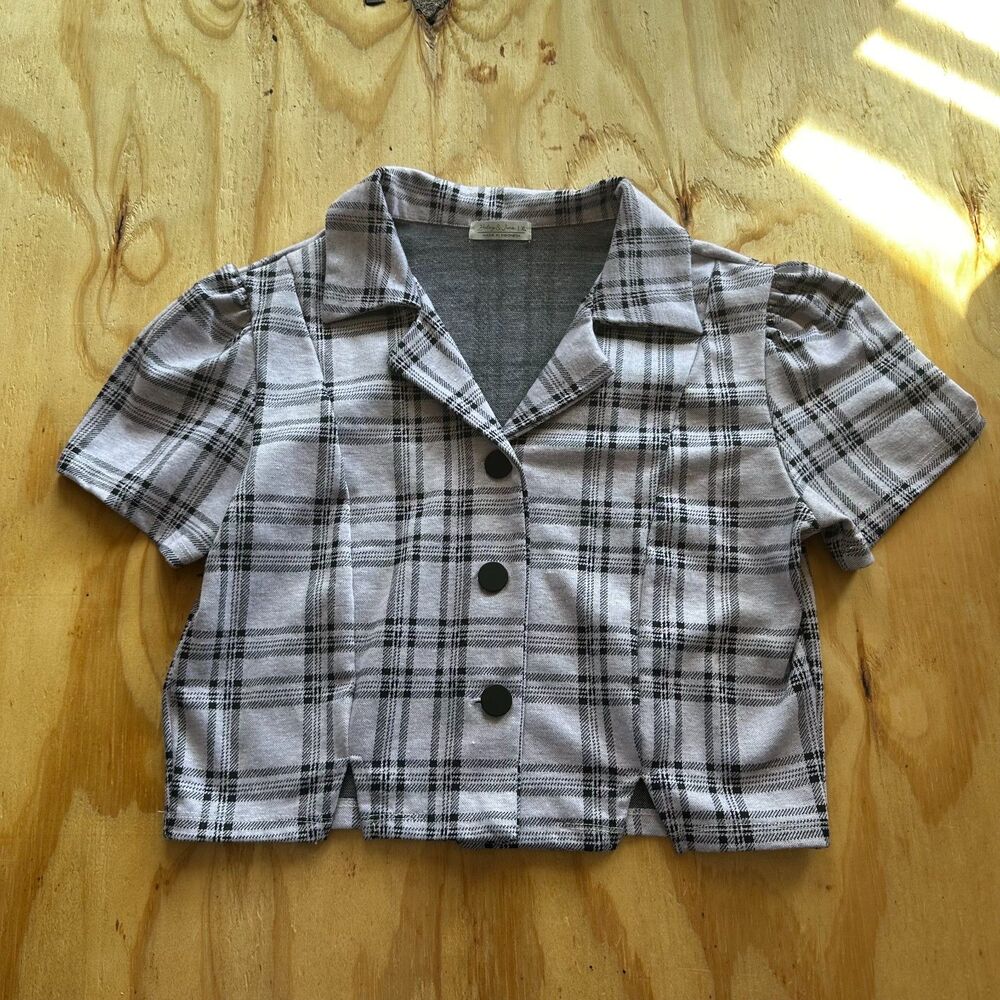 Haley & Jane Lavender Plaid Cropped Short Sleeve Blazer Top - XL